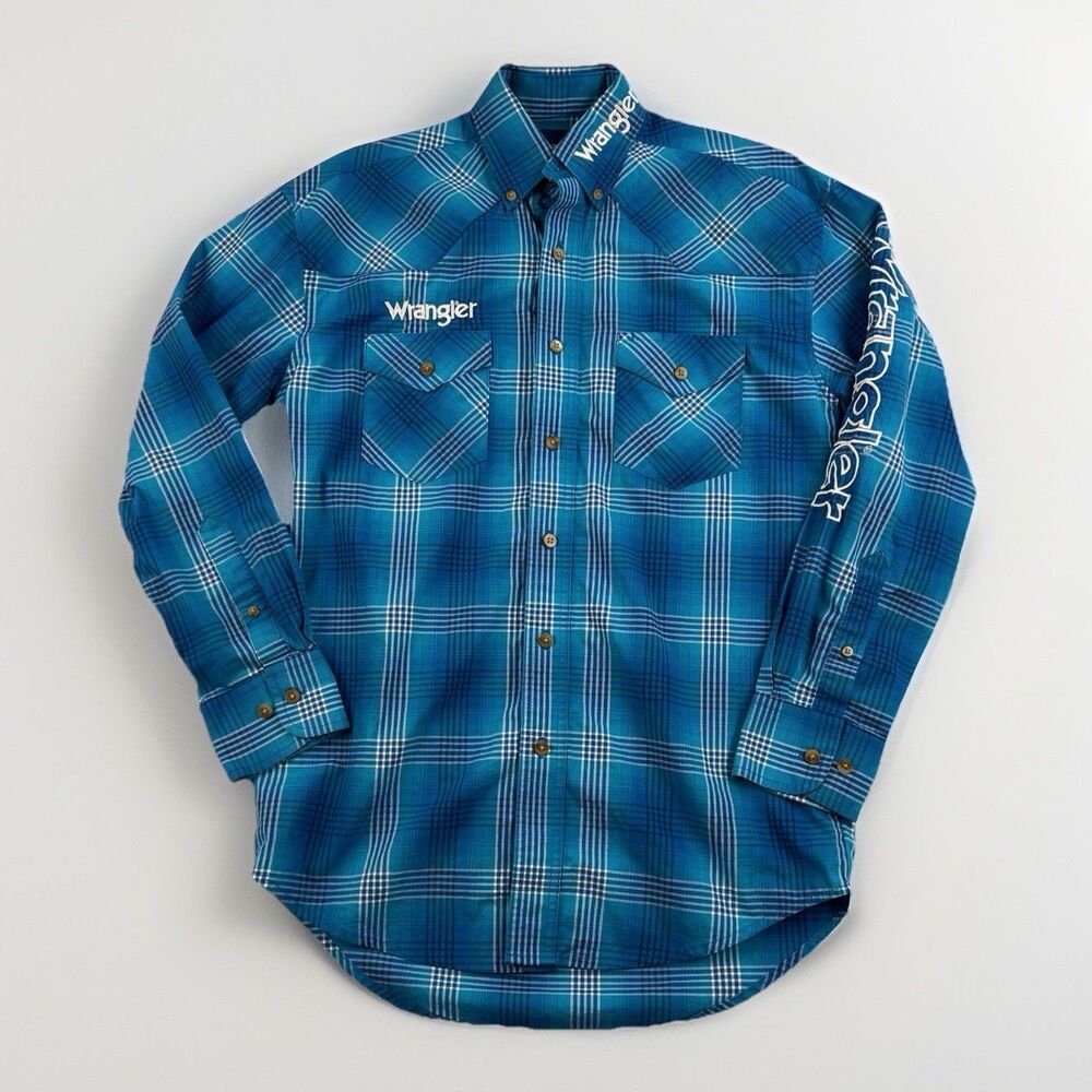 Wrangler Logo Mens Long Sleeve Button Down Plaid Shirt Size Small Cowboy Rodeo